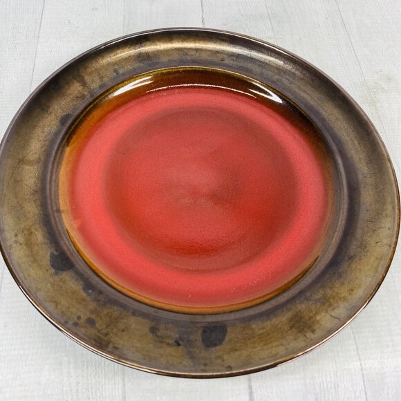 Over and Back Crackled Design Red Bronze Rim Round Ceramic Dinner Plates Set 4 - Picture 6 of 16